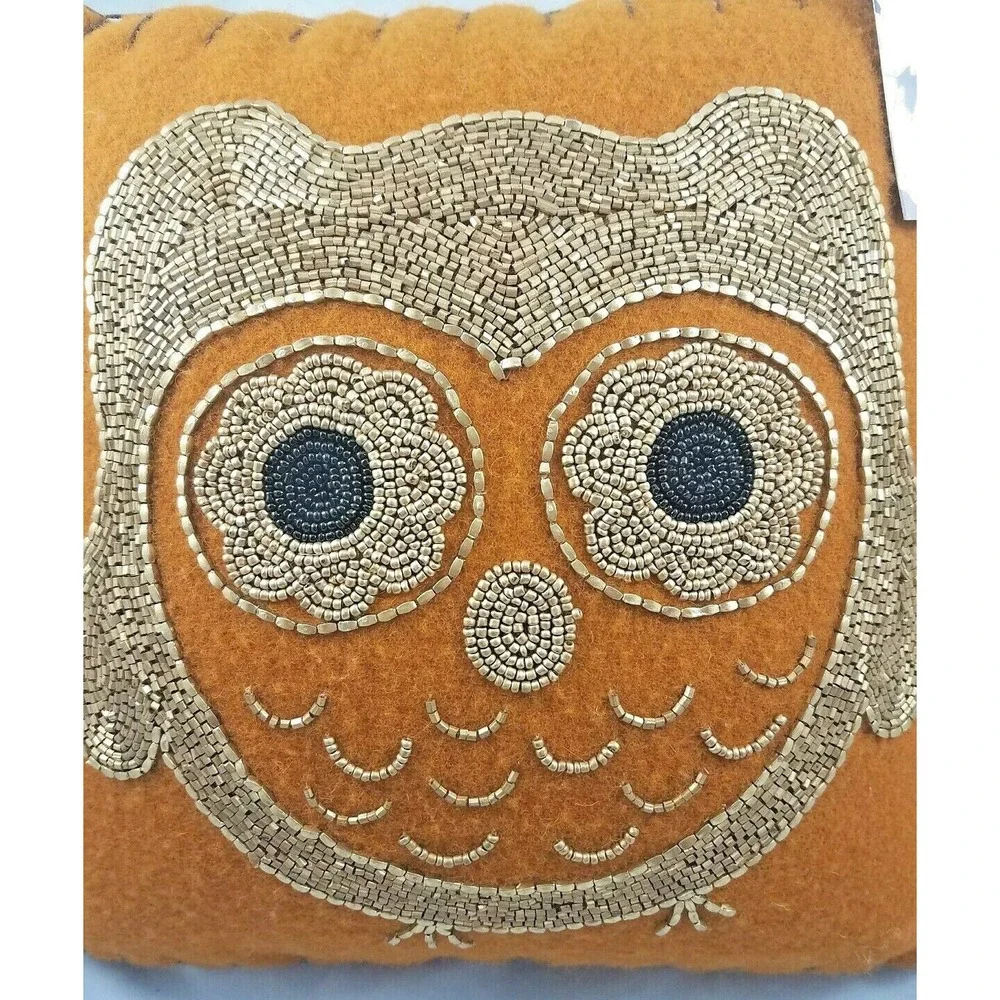 Thro Marlo Lorentz Odetta‎ Owl Decorative Beaded Owl Wool Felt 12x12 Pillow NWT